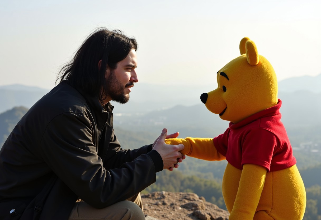 Metalyst with shoulder-length dark hair, beard, shaking hands with winnie the pooh on top of the Mount Huaguo