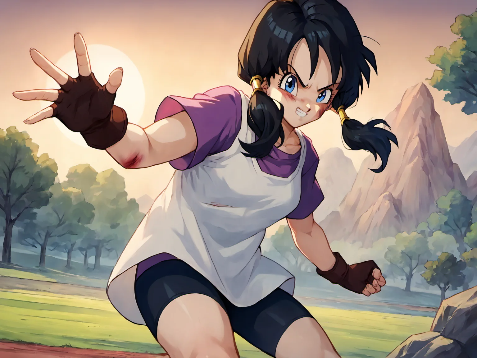 Videl, 1girl, blue eyes, shadows, blue eyes, pigtails, white shirt, purple shirt, <lora:VidelSDXLMulti-Test-16-16-C-Test-2:0.85>, masterpiece, best quality, absurdres, perfect lighting, score_9, score_8_up, score_7_up source_anime, fighting pose, fingerless gloves, bike shorts, open field, trees, rocks, looking at viewer, scratches