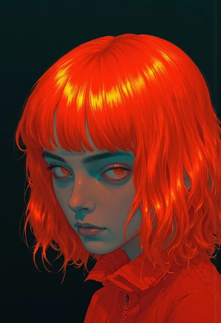 Striking art portrait, contemporary style, analog photo, film grain. Depicts a young woman with medium length fluorescent orange hair with blunt bangs, milky pale skin, impure skin, intense gaze. beautifully imperfect. Photographed by Keegan Gibbs. Keegan Gibbs is one of the best-known street art photographers. He follows the best street artists of Los Angeles and climbs with them onto buildings, rooftops and billboards. This makes the viewer feel more present and more emphatic towards the street artist. Keegan Gibbs transfers the adrenaline that one gets by being a witness onto the viewer. He believes that his photography should tell a story. That is why he started accompanying his photographs with essays and stories of nights out with the artists. The interesting fact is that he used to be scared of heights, however, the fear and adrenaline of getting caught, quickly replaced any fear of altitude. vantablack, blue sphere on background,