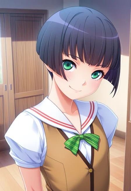 masterpiece, best quality, amazing quality, 1girl, solo, (portrait:1.2), amanoww, green eyes, black hair, short hair, bob cut, flat chest, school uniform, green striped bowtie, white sailor shirt, brown vest, looking at viewer, smile, indoors, day, skindentation, detailed clothing folds, depth of field, sharp, high contrast, dynamic light <lora:Yanase_Amano_Alea_ill:0.9>
