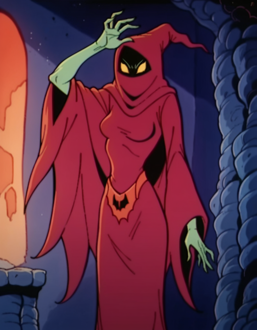 score_9, score_8_up, score_7_up, score_6_up, score_5_up, score_4_up, 1boy, hud_shadow_weaver_heman, solo, arm up, 1girl, wide sleeves, red hooded cloak, red robe, red hood, black mask, yellow eyes, green skin, retro artstyle, 1980s (style), orange bat shaped belt, breasts<lora:shadow_weaver_xlp-000008:0.8>