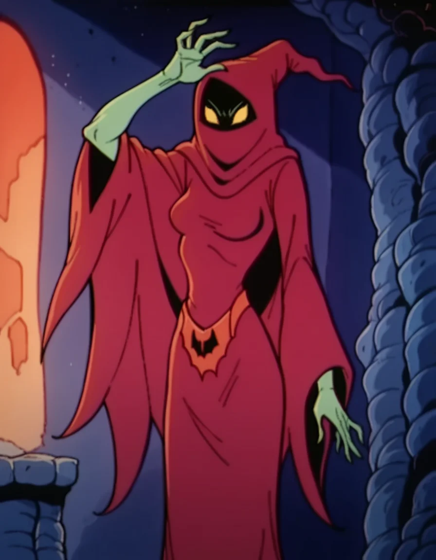 score_9, score_8_up, score_7_up, score_6_up, score_5_up, score_4_up, 1boy, hud_shadow_weaver_heman, solo, arm up, 1girl, wide sleeves, red hooded cloak, red robe, red hood, black mask, yellow eyes, green skin, retro artstyle, 1980s (style), orange bat shaped belt, breasts<lora:shadow_weaver_xlp-000008:0.8>