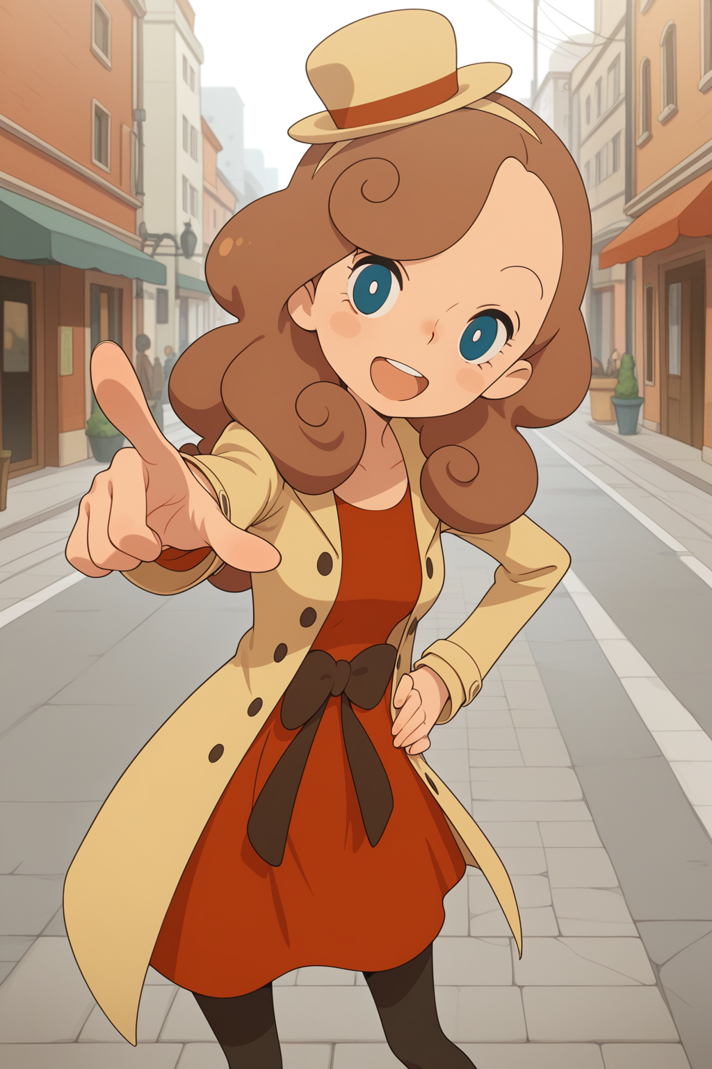 masterpiece, best quality, amazing quality, katriellelayton, 1girl, solo, smile, open mouth, pointing at viewer, hand on hip, confident, brown hat, black leggings, brown coat, red dress, outdoors, street, city