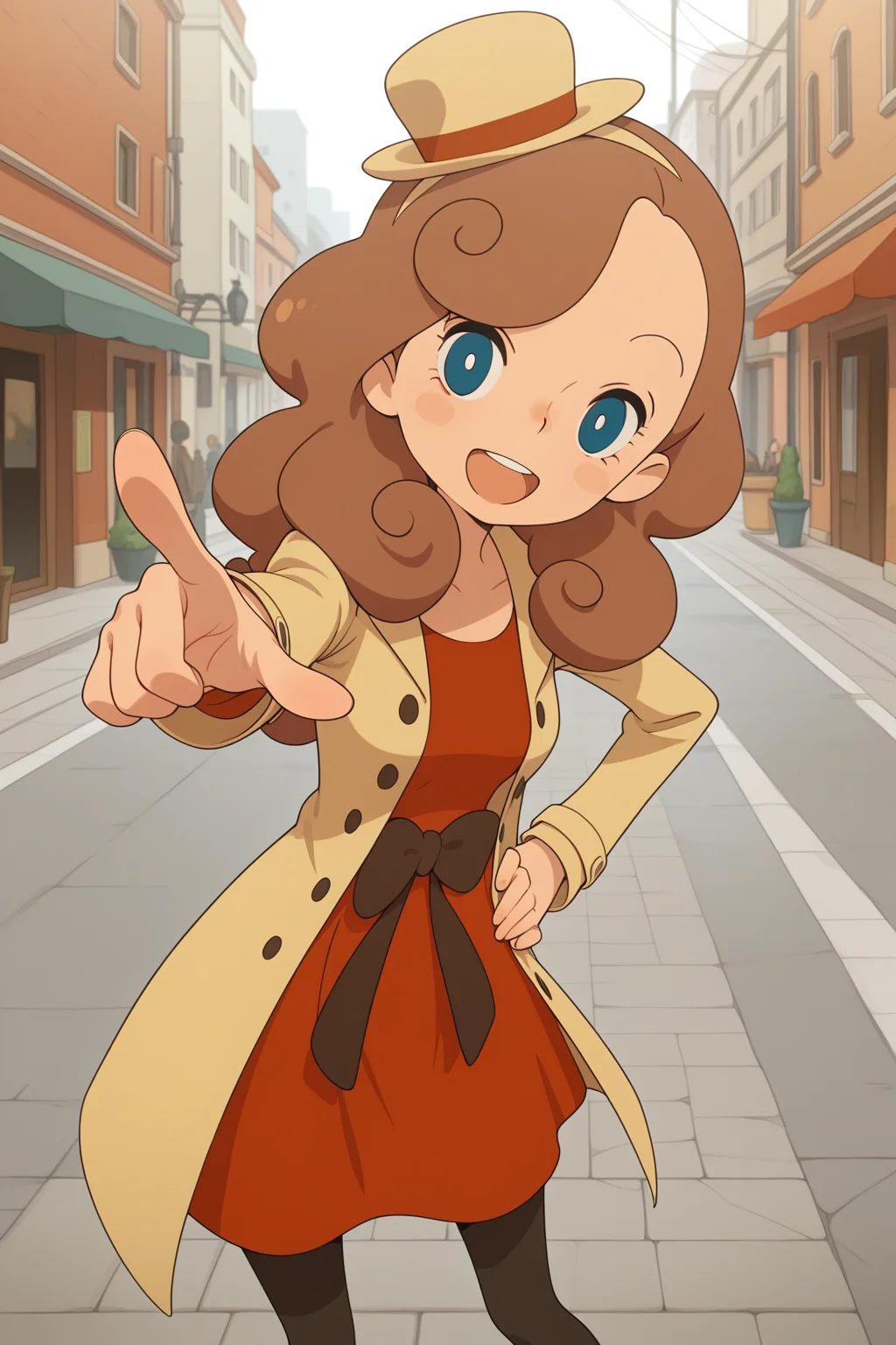 masterpiece, best quality, amazing quality, katriellelayton, 1girl, solo, smile, open mouth, pointing at viewer, hand on hip, confident, brown hat, black leggings, brown coat, red dress, outdoors, street, city