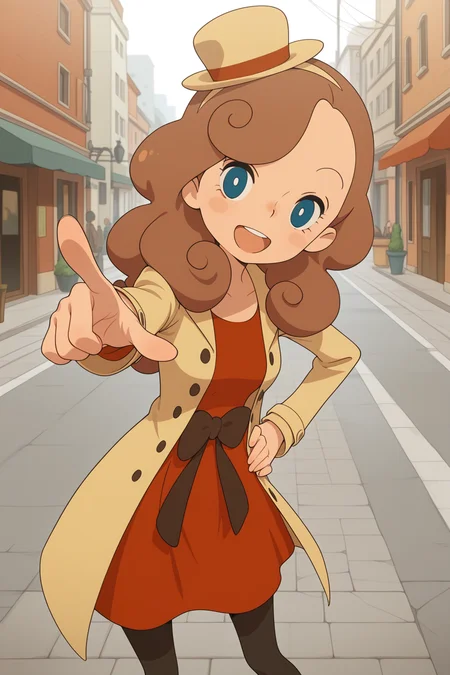 masterpiece, best quality, amazing quality, katriellelayton, 1girl, solo, smile, open mouth, pointing at viewer, hand on hip, confident, brown hat, black leggings, brown coat, red dress, outdoors, street, city