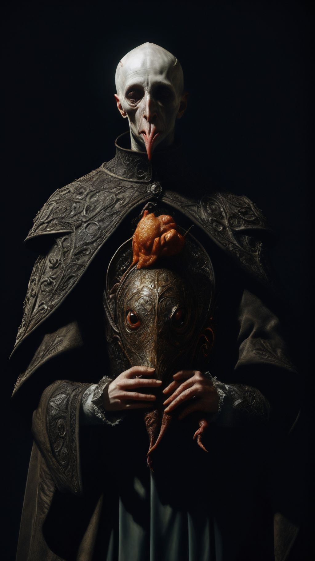 Ultra-realistic 8k CG, masterpiece, best quality, ermine wear inquisitor robe and bite off chicken head in a medieval Cathedral, pr3y style, still life, high detailed, beautiful intricately and detailed, DOF,   <lora:add-detail-xl:1>  <lora:NicolaSamori:1> <lora:Inquisition_v2:1>