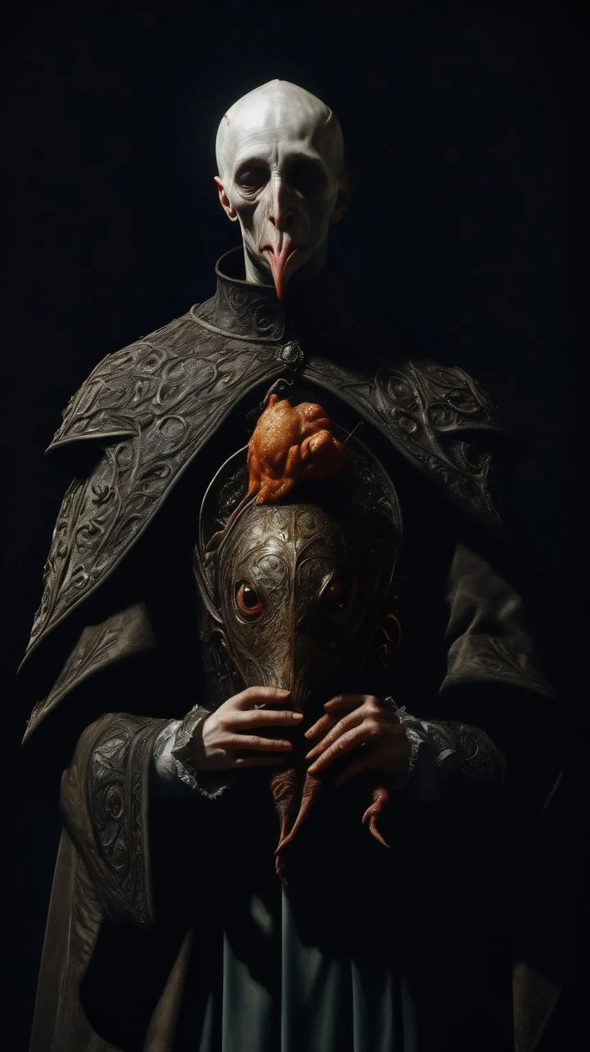 Ultra-realistic 8k CG, masterpiece, best quality, ermine wear inquisitor robe and bite off chicken head in a medieval Cathedral, pr3y style, still life, high detailed, beautiful intricately and detailed, DOF, <lora:add-detail-xl:1> <lora:NicolaSamori:1> <lora:Inquisition_v2:1>