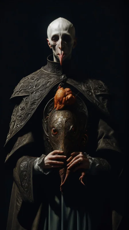 Ultra-realistic 8k CG, masterpiece, best quality, ermine wear inquisitor robe and bite off chicken head in a medieval Cathedral, pr3y style, still life, high detailed, beautiful intricately and detailed, DOF, <lora:add-detail-xl:1> <lora:NicolaSamori:1> <lora:Inquisition_v2:1>