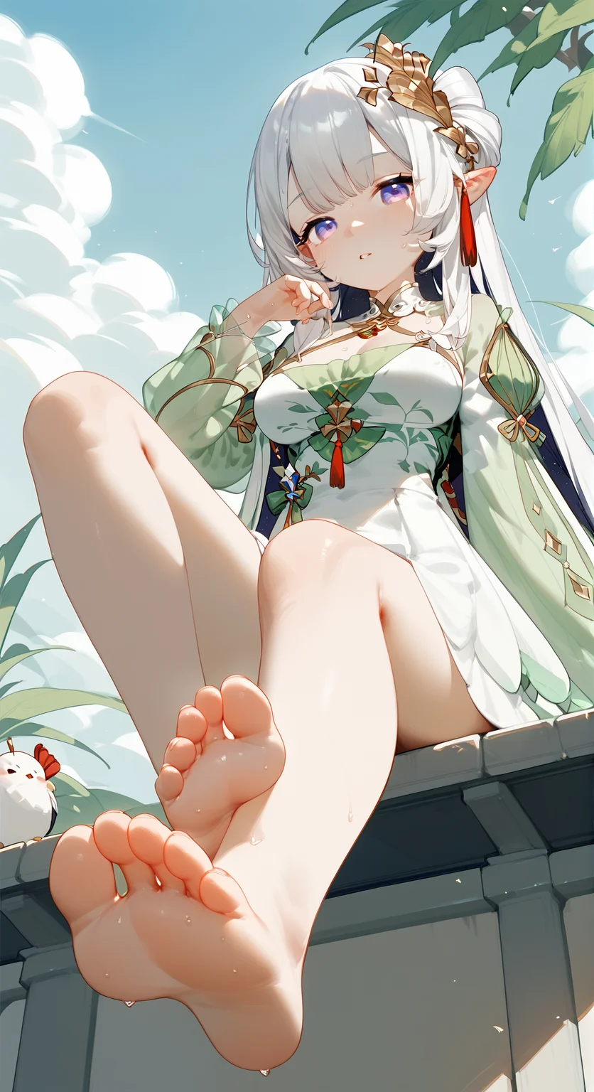 score_9, score_8_up, score_7_up,
<lora:rhea_pony:0.9>, 1girl, rhea_chic,
feet, soles, barefoot, breasts, solo, toes, foot focus, looking at viewer, sitting, sweat, parted lips, outdoors, sky, bangs, day, blush, foreshortening, sun, see-through sleeves, white skirt