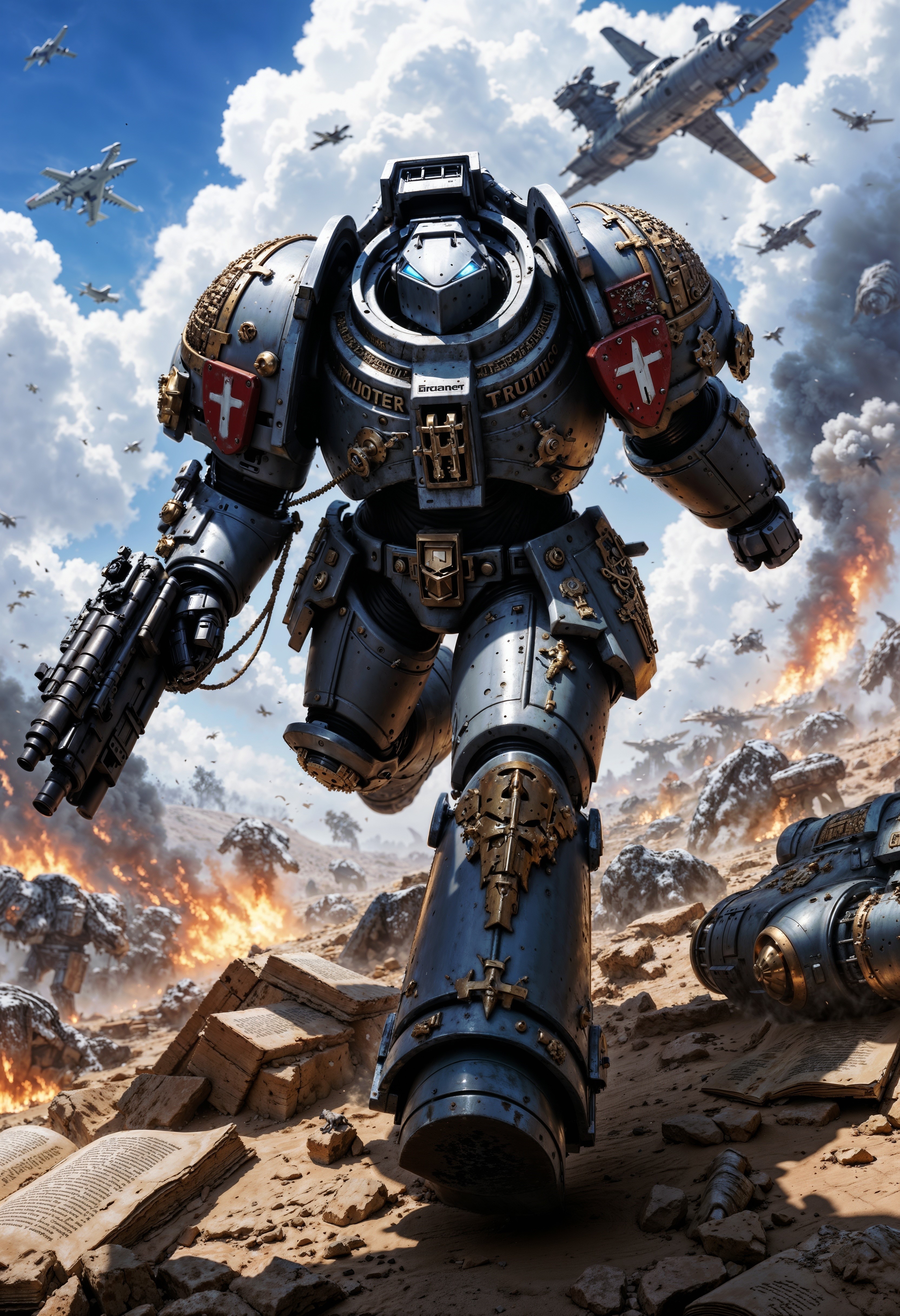GreyK40k, large space marine jumping from a plane while holding a machine gun, explosions in the background, epic action scene, movie still, <lora:FluxGreyK40k:1> <lora:FluxMythP0rtr4itStyle:0.7>