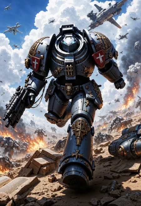 GreyK40k, large space marine jumping from a plane while holding a machine gun, explosions in the background, epic action scene, movie still, <lora:FluxGreyK40k:1> <lora:FluxMythP0rtr4itStyle:0.7>