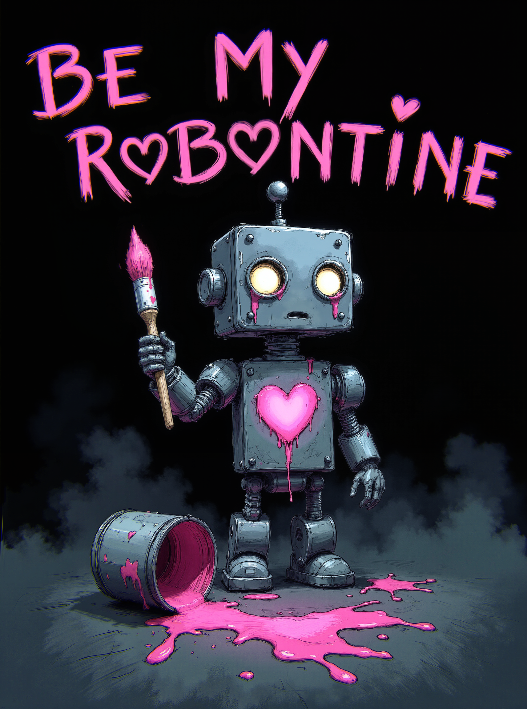 A detailed, hand-drawn illustration 
A small, sad robot with a matte, slightly worn black metal body stands in a dark, moody atmosphere, surrounded by bluish-gray mist. The robot has large, round, empty eye sockets and a simple antenna on its head, giving it an innocent, lonely expression. A glowing pink heart is messily painted on its chest, with paint dripping down, leaving bright streaks. In one hand, the robot holds a dripping paintbrush with pink paint, and next to it on the ground is an overturned paint can, spilling vibrant pink paint that contrasts sharply with the darkness
 The background is clean and black focusing attention on the central, poignant gesture. in the background there is a bold inscription written in pink paint with drips "be my robontine"
 <lora:Sketch:1>
