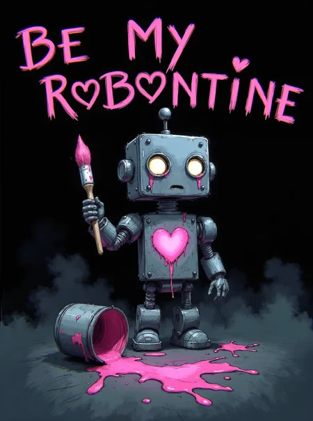 A detailed, hand-drawn illustration
A small, sad robot with a matte, slightly worn black metal body stands in a dark, moody atmosphere, surrounded by bluish-gray mist. The robot has large, round, empty eye sockets and a simple antenna on its head, giving it an innocent, lonely expression. A glowing pink heart is messily painted on its chest, with paint dripping down, leaving bright streaks. In one hand, the robot holds a dripping paintbrush with pink paint, and next to it on the ground is an overturned paint can, spilling vibrant pink paint that contrasts sharply with the darkness
The background is clean and black focusing attention on the central, poignant gesture. in the background there is a bold inscription written in pink paint with drips "be my robontine"
<lora:Sketch:1>