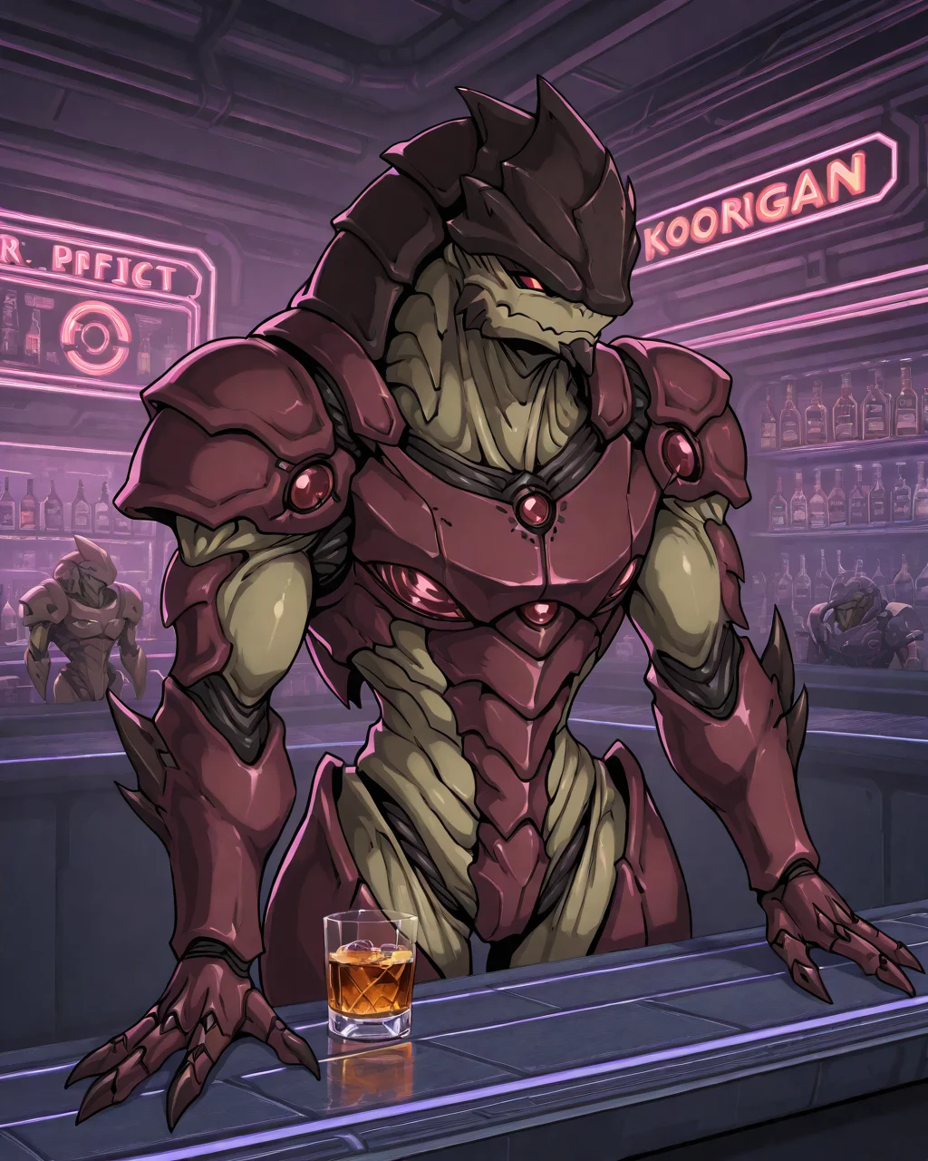 r3h0, very awa, masterpiece, best quality, absurdres, newest, perfect quality, detailed background, intricate details, Sci-fi, futuristic, bar, neon lighting, male, solo, krogan, armor, alien, red eyes, drinking whiskey, facing to the side, candid image