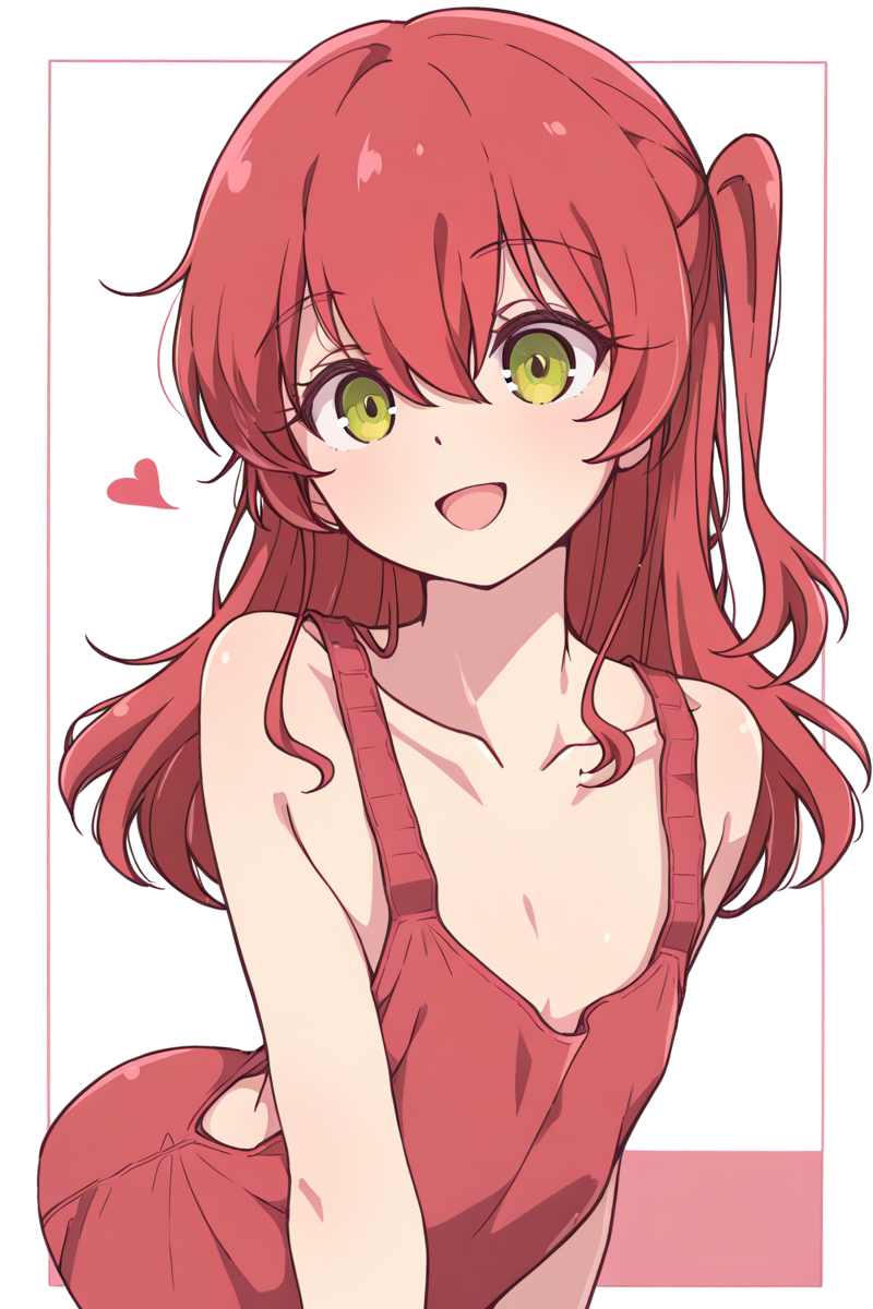 masterpiece, best quality, amazing quality,
 <lora:Melty_IL:1> meltypot, 1girl, solo, long hair, smile, red hair, heart, open mouth, looking at viewer, two-tone background, bangs, green eyes, collarbone, hair between eyes, :d, one side up, white background, kita