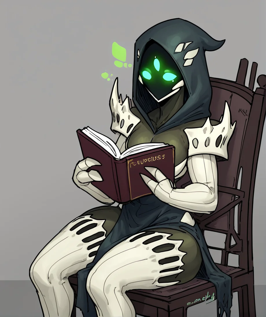 <lora:Hive_Guardian:1> guardian, glowing eyes, three eyes, hood up, colored skin, sitting on chair, reading book