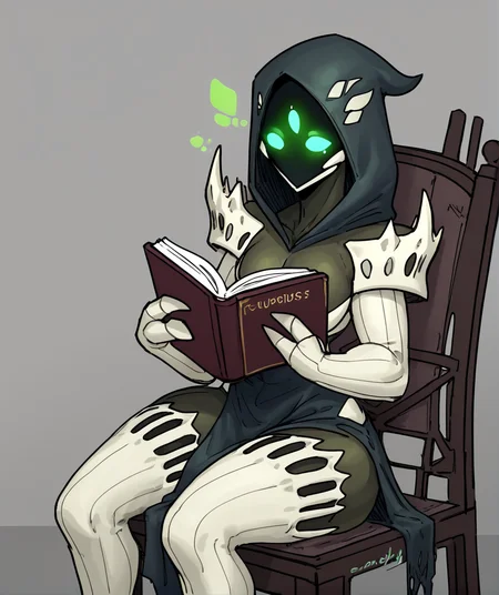 <lora:Hive_Guardian:1> guardian, glowing eyes, three eyes, hood up, colored skin, sitting on chair, reading book