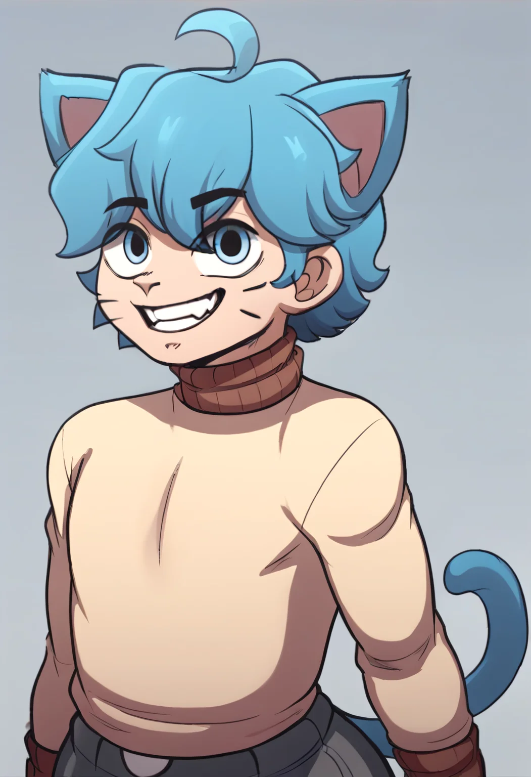 Gumball Watterson, 1boy, male focus, looking at viewer, blue tail, solo, tail, brown collar turtleneck sweater with brown cuffs, dark grey pants, whisker markings, cat boy, socks, blue eyes, blue hair, cat ears, cat tail, thick thighs, ahoge, ((upper body, portrait)), simple background <lora:Gumball-Pony-XL:1>