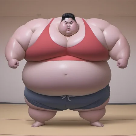 <lora:runga_8.1:0.75>thick arms, fat japanese young man, obese, superchub, male focus, fattest, fat,(red tank top:3.0)