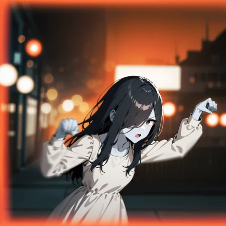 masterpiece, best quality, very aesthetic, absurdres, horror \(theme\), 
film photography, film grain, detailed, (light leak:1), dark, japan (street:1.1),building,blue and orange neon light, buildings, utility pole,(motion blur:1.5),
girl,(yamamura sadako:1.4),black hair,long hair,long bangs,gray skin,hair over one eye, black eyes, (white spooky dress,simple dress:1.2),long sleeves, (narrowed eyes:1.1),(angry:1.2), expressionless, (arms up:1.3), open mouth, close-up,(bokeh:1.2),paw pose, looking at viewer, 
<lora:Light_leak:0.8>,<lora:Ring_Bokeh:0.1>,<lora:Fixhands_anime_bdsqlsz_V1:1>