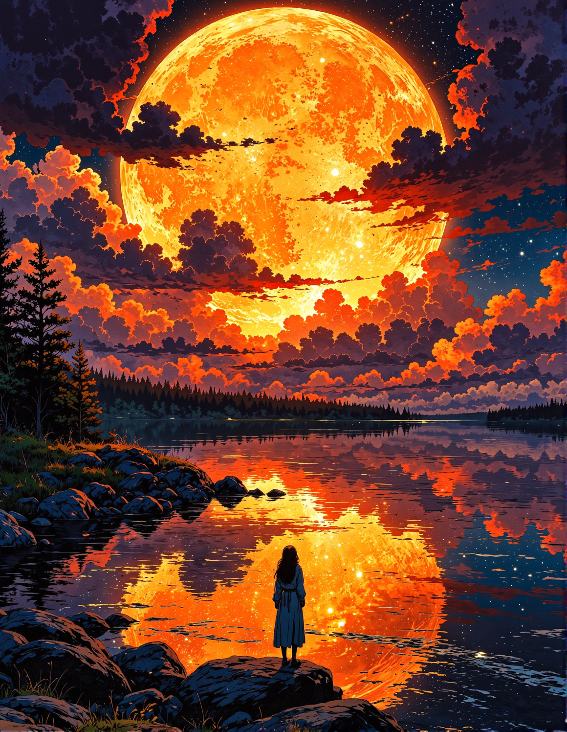 breathtaking, painterly fantasy landscape at night. A lone person, seen from the waist up, stands at the edge of a rocky shore, facing away from the viewer and towards a calm body of water. The person is wearing a light-colored robe or cloak.  Reflecting perfectly in the water is a gigantic, glowing orange full moon dominating the sky.  The sky is a dramatic canvas of swirling orange, red, and deep blue clouds, some outlined in dark shades, suggesting a stormy yet beautiful night sky. Above the moon, faint stars are visible in the dark blue parts of the sky.  The shoreline is made of dark, jagged rocks and some trees silhouetted against the fiery sky. In the distance, across the water, a dark treeline suggests distant land. The overall lighting is dramatic and warm, emanating from the moon and reflecting in the water, casting long shadows.  The artistic style should be a vibrant digital painting with rich textures and brushstrokes, reminiscent of fantasy anime landscapes, emphasizing the dramatic scale of the moon and the serene yet powerful atmosphere, <lora:Cozy_Paradise:0.8>, <lora:fluxenhancer:0.4>, <lora:Vibrantly_sharp_style_v.2:0.8>, <lora:RetroAnimeFluxV1:0.5>