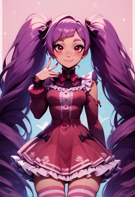 score_9, score_8_up, score_8, medium breasts, (curvy), cute, eyelashes,     
BREAK,
zzEntrapta, red eyes, purple hair, long hair, twintails, very long hair,
BREAK,
 closed mouth, alternate costume, smile, nail polish, looking at viewer, hand up, blush, 
zzLFashion, frilled dress, frills, bow, dress, striped thighhighs, sweetL, 
zPDXL,
