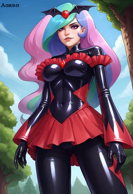 zPDXL, 1girl, solo, BREAK
human celestia,
black badend-bodysuit, badend-tiara, red skirt, red frills, red gem, gloves, latex bodysuit,
cowboy shot, from below,
outdoors, tree, blue sky,
<lora:bad-end-ot14-1701:0.8>
