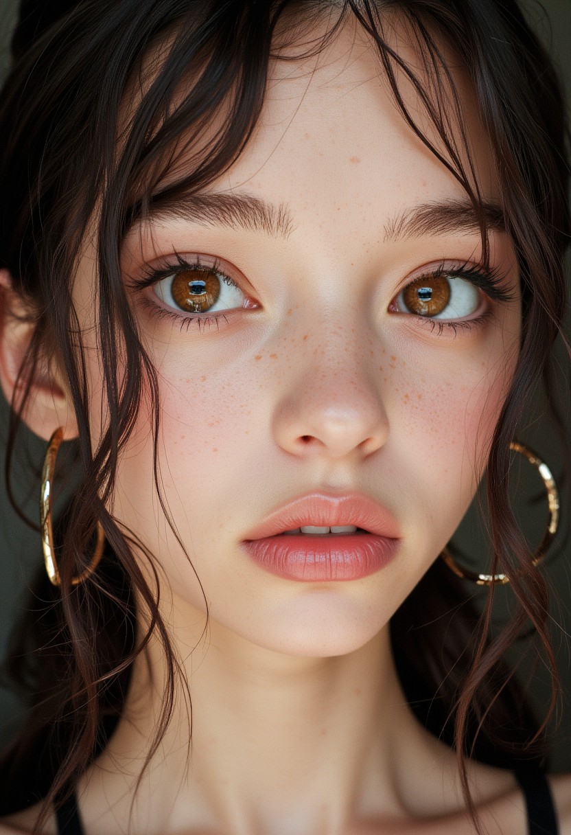 A stunning teenage girl with flawless model-like facial features, flawless light pale skin, and unnaturally large and colorful eyes