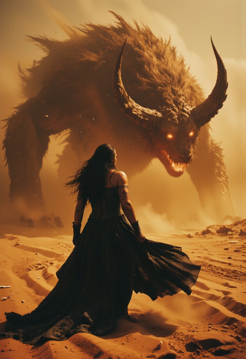 Over-the-shoulder bosstyle shot of a colossal, eerie Banshee standing against a raging desert sandstorm. Her flowing, pitch-black gown billows dramatically in the violent wind, extending far behind her like a shadow, while her long, ethereal hair whips through the air in wild, hypnotic waves. Her figure is both terrifying and alluring—voluptuous and curvaceous beneath the dark, flowing fabric, revealing glimpses of a seductive form despite the haunting nature of her appearance. Her skin is deathly pale, contrasting sharply with the storm’s fury, and her glowing eyes burn with an unsettling mixture of beauty and menace.
Towering above the battlefield, the womans presence is both magnetic and horrifying, a blend of sensuality and dread. Before her, within the heart of the howling storm, a massive sand-beast rises, its body Covered in shadows twisting and reshaping from the shifting dunes and skeletal remains of long-buried creatures to Form an buxom horned demon Boss. The beast glows faintly with an ancient curse, its hollow, orange eyes glaring with ominous intent as the battlefield seethes with swirling sand and debris.
