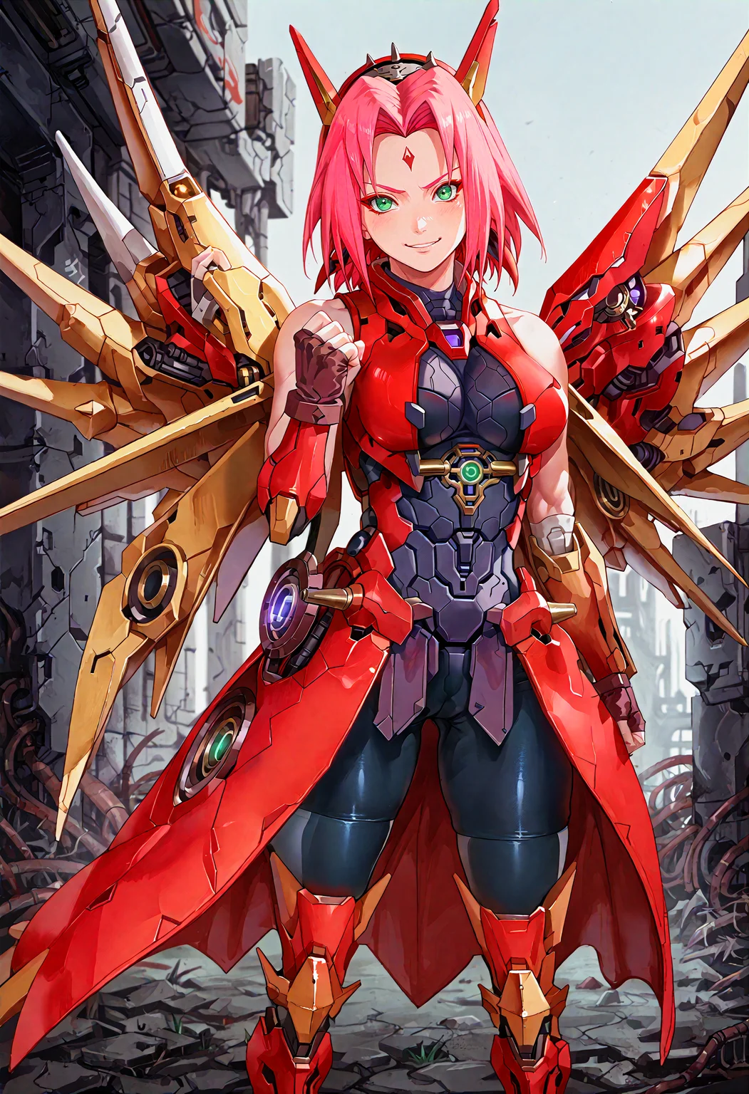 score_9, score_8_up, score_7_up, source_anime, 1girl, safe, (solo:1.3),
<lora:character_sakuraShippudenPXL-Konan:0.7> haruno sakura, pink hair, hair, green eyes, forehead mark, forehead jewel, looking at viewer, smug, smile, parted lips, (red eyeliner:1.2),
<lora:styleArtist_sunaharaWataru-NakedSpaceMan:0.8>
<lora:costume_showgirlSkirtPDXL:1.0>, showgirl skirt, (mecha musume:1.4), red armored dress, toned, biceps, large breasts, thigh muscles, (bike shorts:1.4), rigid steel overskirt, tall, (red armored dress:1.3), cowboy shot, action pose,
detailed background, ruins, (scifi headgear with spikes:1.2), knees, knee boots, (science fiction headwear:1.2), (metal skirt:1.3), (red metal clothes:1.3),
(dramatic pose:1.2), dramatic angle, (fist pump:1.2), shiny metal outfit, sleek, <lora:concept_edgEroMechaPony:0.95> wearing edgMM, edgMM mecha musume, gauntlets, wings, sleeveless, (crotch plate:1.2), (skindentation:1.2), fingerless gloves, red boobplate,