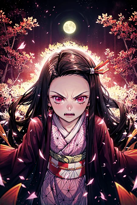 masterpiece, best quality, 1girl, kamado nezuko, demon kimetsu no yaiba, cowboy shot, demon girl, kimono, full moon, <lora:nezukolora_:0.8>, veins, fangs, red eyes, anger, claws, backlighting, facing viewer, forest, fire, starry sky, blood, dirt, bruise, anger, crazy eyes,