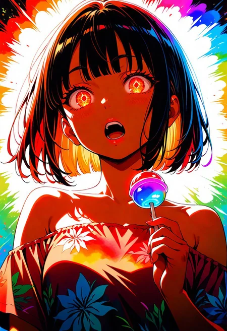 masterpiece, best quality, amazing quality, very aesthetic, absurdres, newest, 1girl,  Megumi, brown hair, red glowing eyes, short hair , little breasts, bare shoulders, hawaiian shirt, teeth, lips, thin lips, narrow mouth, solo, looking at viewer, open mouth, holding lollipop, chupa chups, upper body, backlighting, from above, dutch angle, , masterpiece, best quality, amazing quality, very aesthetic, absurdres, newest, soft light, explosion of colors, masterpiece, best quality, colorful, bright, multicolored, bright colors of paint, masterpiece, best quality, amazing quality, very aesthetic, absurdres, lots of multicolored rainbow light, focus on the face, lots of soft light, soft colors, lots of colorful particles