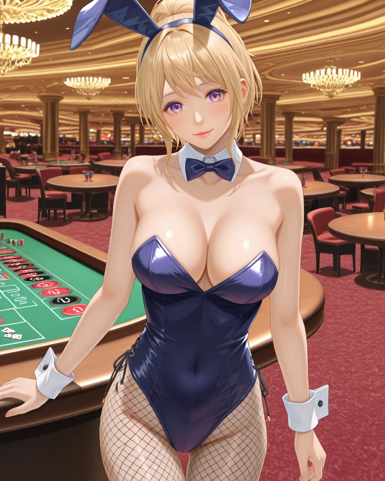 yukino \(doax vv\),blonde hair,purple eyes,lips,cowboy shot,playboy bunny,fishnet pantyhose,casino,