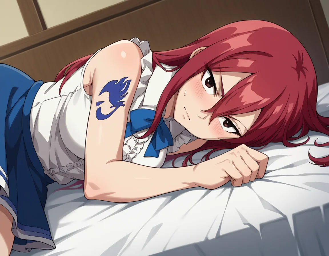 score_9, score_8_up, score_7_up, source_anime,
erzascarlet, <lora:erza-scarlet-ponyxl-lora-nochekaiser:1>
erza scarlet, long hair, red hair, hair between eyes, brown eyes,
skirt, shirt, bow, boots, sleeveless, sleeveless shirt, tattoo, white shirt, frills,
indoors, bed, bed room, on side, blush, drunk,
looking at viewer, dutch angle, cowboy shot