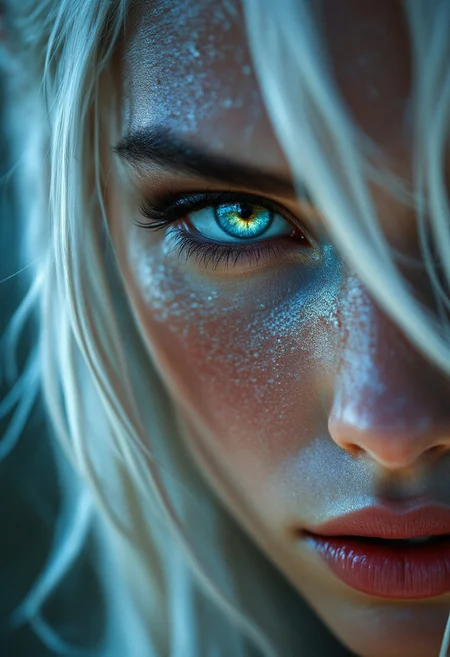 A stunning, hyper-realistic close-up captures the face of a beautiful elven swordswoman, poised for battle. Her intense, beautiful pale blue eyes reflect a fierce resolve, shining with both quiet strength and an underlying vulnerability. The sharp, delicate features of her face are framed by long, sleek white hair, slightly tousled, with strands falling over one eye, adding to her mysterious allure. Her expression is a mesmerizing mix of determination and fragility, capturing the duality of a warrior ready to fight yet imbued with an ethereal, almost otherworldly beauty. Soft beads of sweat cling to her flawless, pale skin, subtly glowing in the dramatic side lighting that enhances every detail.
The lighting casts intricate shadows across her face, highlighting the contours of her high cheekbones and the softness of her lips, which tremble slightly with tension. There’s a moody, atmospheric glow surrounding her, blending the ethereal elements of a fantasy world with the timeless elegance of modern fashion. Her gaze is piercing yet distant, as if contemplating both the battle before her and the weight of her existence. The overall style evokes a luminous blend of John Anster Fitzgerald’s dreamy fantasy elements, Alphonse Mucha’s intricate nature-inspired details, and Rembrandt’s mastery of light and shadow, creating a hauntingly beautiful, cinematic moment.