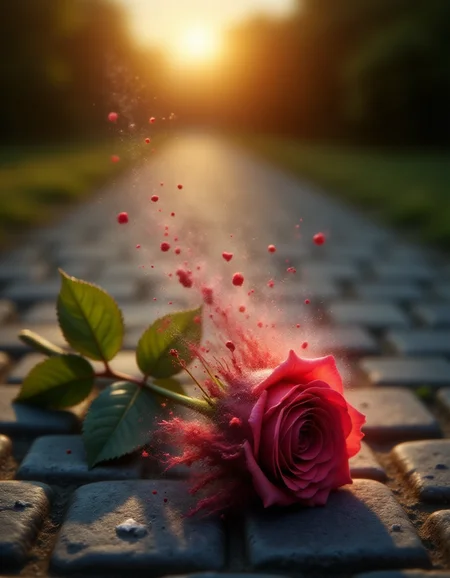 A single red rose lying on a cobblestone path at twilight, depicted in a ral-dissolve style as its petals slowly fragment into soft, glowing crimson particles. The particles rise into the air like drifting fireflies, leaving behind faint trails of light as they vanish. The stem and leaves dissolve into delicate strands of green mist that spiral upward, blending into the warm, golden glow of the fading sunlight. The scene evokes a sense of melancholy and fleeting beauty.
<lora:ral-dissolve-flux_000005000:1>