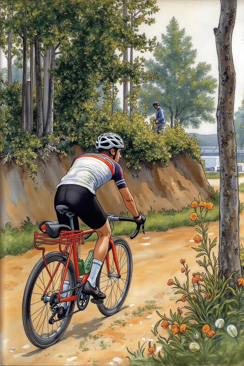 car1ar painting.
A cyclist in a lush, forested path. The artwork features a cyclist, dressed in a cycling jersey, black shorts, and cycling shoes, riding a bike. The cyclist is wearing a white helmet and is leaning forward. <lora:car1ar1_cap_d6a3:1.0><lora:825501832790026183:0>