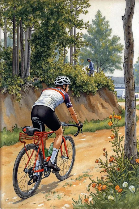 car1ar painting.
A cyclist in a lush, forested path. The artwork features a cyclist, dressed in a cycling jersey, black shorts, and cycling shoes, riding a bike. The cyclist is wearing a white helmet and is leaning forward. <lora:car1ar1_cap_d6a3:1.0><lora:825501832790026183:0>