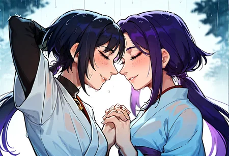 IllustriousQual, <lora:StS-Illustrious-Detail-Slider-v1.0:2> <lora:cfg_scale_boost:0.3> <lora:StS_Age_Slider_Illustrious_v1:3>,detailed_background,outdoors,purple hair,black hair,japanese clothes,red eyeliner,monochrome,arm up,rain,solo,highres,scaramouche \(genshin impact\),interlocked fingers,fate/grand order,blurry,floating hair,low ponytail,siblings,sempon \(doppio note\),forehead-to-forehead,finger writing,closed eyes,oda nobunaga \(fate\),upper body,center-flap bangs,wanderer \(genshin impact\),wide sleeves,glass writing,condensation,eyeliner,genshin impact,happy,holding hands,arm behind head,oda nobukatsu \(fate\)