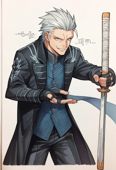 score_9, score_8_up,score_7_up, source_ anime, traditional art, <lora:dmc5_vergil_ponyXL:0.8> dmc5vergil, black coat, fingerless gloves, pants, smile, holding sword,
<lora:Traditional_art_v4_USENEG:-0.8>