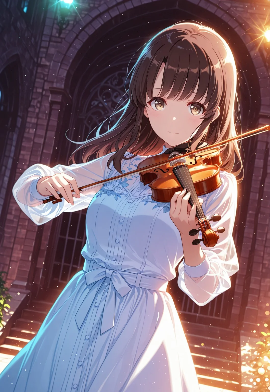 (solo), 1girl,Megumi <lora:IL-KatoMegumi:0.8>,brown hair,katou megumi,brown eyes,long hair, ((detailed eyes, five fingers)),good hands,
safe_pos , from 45 degrees ,dutch angle, cinematic framing, (digital painting:0.8), (aura:0.2), MythAn1m3, bokeh, (luminescent background:0.8),
elegant, masterpiece, best quality, highly detailed, high contrast, dramatic shadows, raytracing, subsurface scattering,
playing violin, soft smile, wind tussling hair,elegant white dress, floral embroidery, translucent sleeves , glowing lights background, light particles, dreamy atmosphere, looking at viewer,depth of field, outdoor, simple background