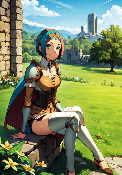 <lora:gate_hur:0.8>, gate_hur, smile, sitting, stonewall, grass, ruins, seductive