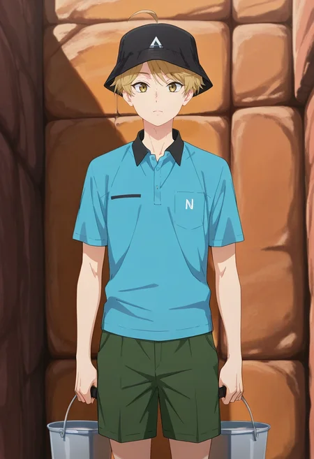 masterpiece, best quality, , (realistic:0.6), , 1boy, solo, male focus, <lora:yuuma_nikaidou_ilxl:0.92>, yuuma_nikaidou, blonde hair, yellow eyes, short hair, ahoge, , Fair Isle Seersucker Black Hiking shorts, Pique polo shirt, , Bucket hat with a neck flap,