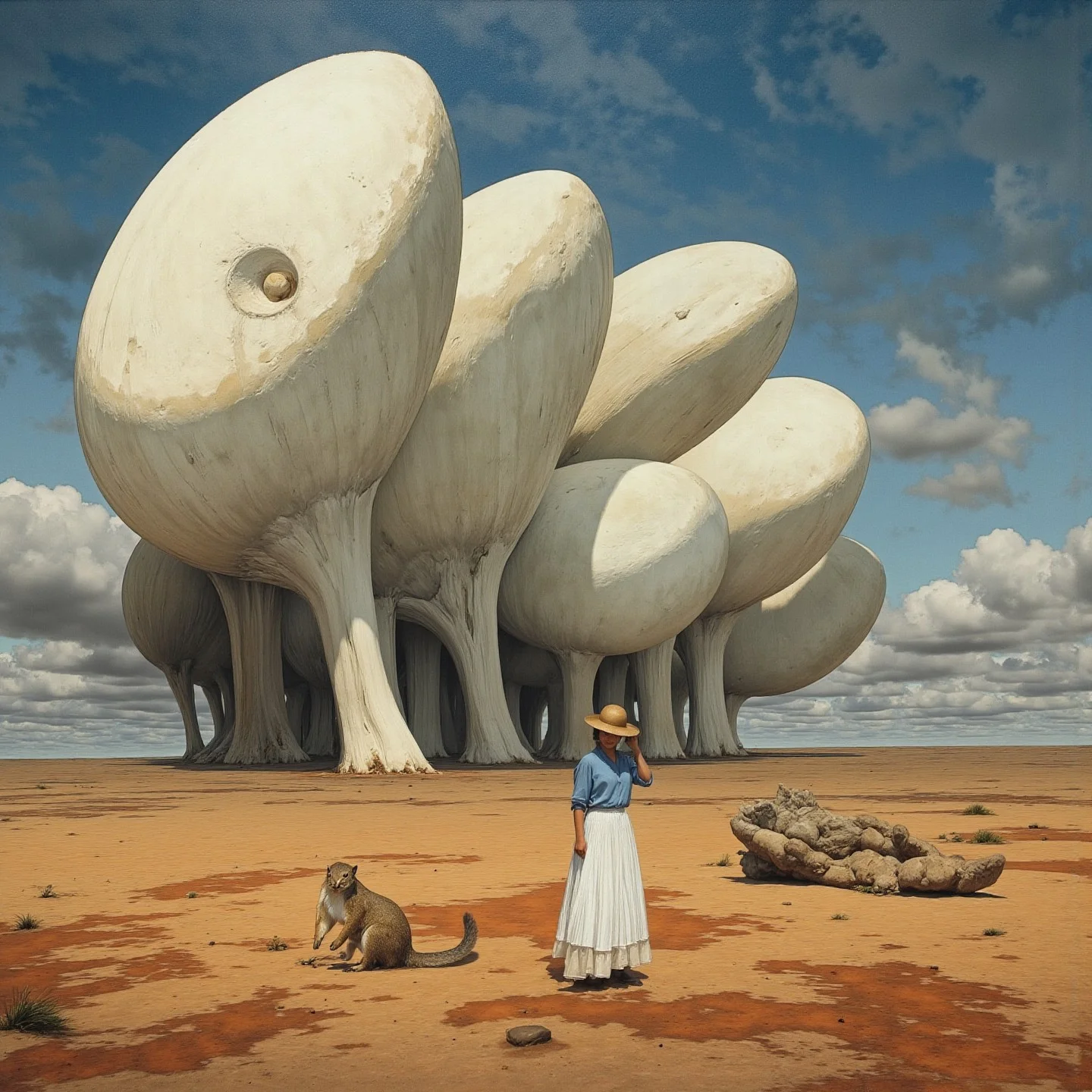 <lora:Florate Flux_v2_epoch_3:0.9> A hot Chilean stretched Surrealism light-toned photograph of terra cotta and tan and ultramarine blue scene with deep cupped pale shapes of varying sizes. stormy dried-out mudflat landscape. squirrel. People, animals and characters are elongated.