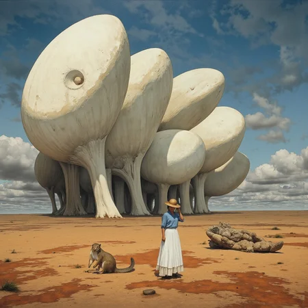<lora:Florate Flux_v2_epoch_3:0.9> A hot Chilean stretched Surrealism light-toned photograph of terra cotta and tan and ultramarine blue scene with deep cupped pale shapes of varying sizes. stormy dried-out mudflat landscape. squirrel. People, animals and characters are elongated.