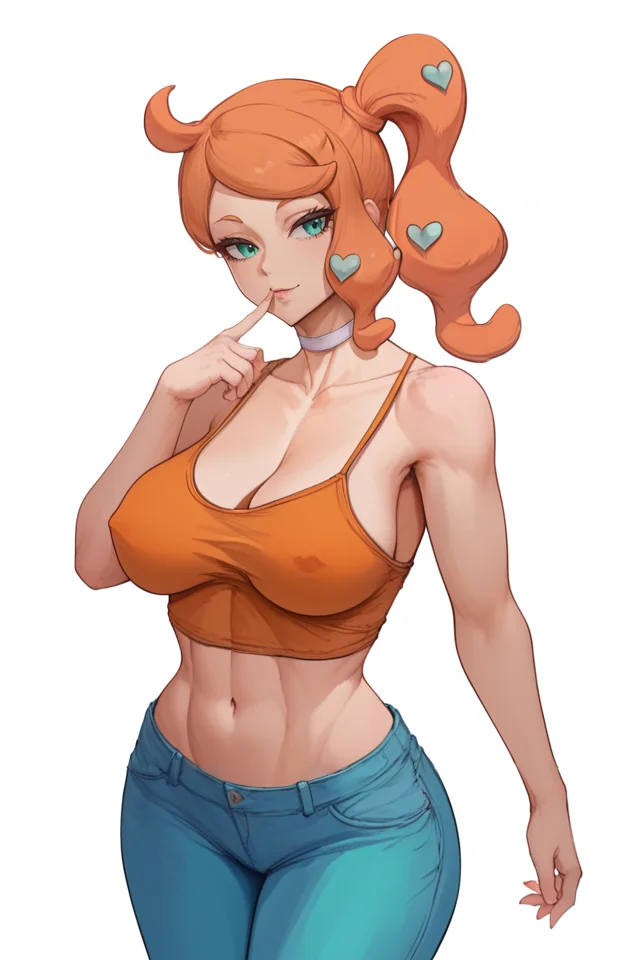 <lora:cutesexyronutts_style_xl:0.9>, score_9,score_8_up,score_7_up,score_6_up, csr style, 1girl, sonia (pokemon), breasts, heart hair ornament, solo, orange hair, cleavage, pants, navel, covered nipples, hair ornament, denim, side ponytail, heart, choker, green eyes, long hair, bare shoulders, midriff, large breasts, finger to mouth, jeans, crop top, patreon username, shirt, aqua eyes, simple background, collarbone, white choker
