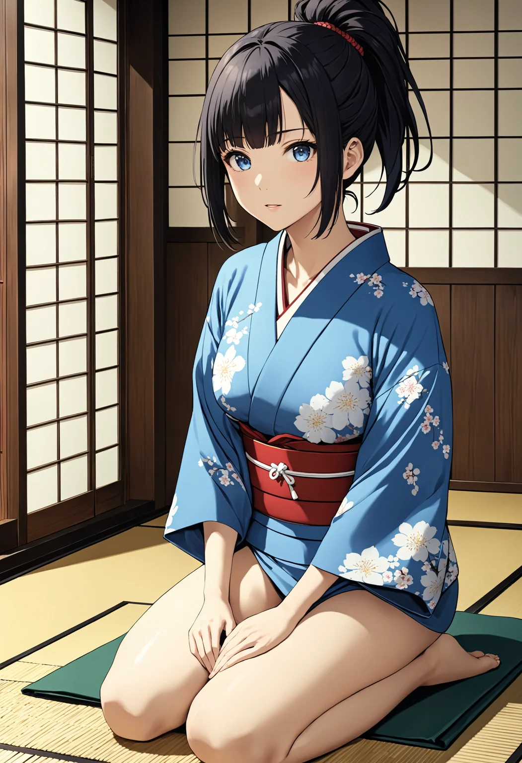 masterpiece, best quality, 4k, 8k, 1girl, (kunoichi:1.1), medium breasts, black hair, medium hair, ponytail, blue eyes, facing viewer, (kimono:1.10), (seiza:1.1), japanese house, <lora:naughty_to_nice_XL_v1.0:0>