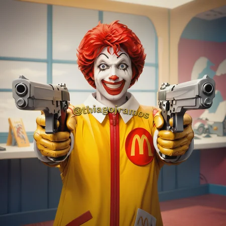 score_9, score_8_up, score_7_up, RonaldMcDonald, solo, dual pistol, left pistol, right pistol, yellow gloves, <lora:RonaldMcDonald-Pony:1>, <lora:plrd-pistol:0.8>, crazy_smile, looking_at_viewer