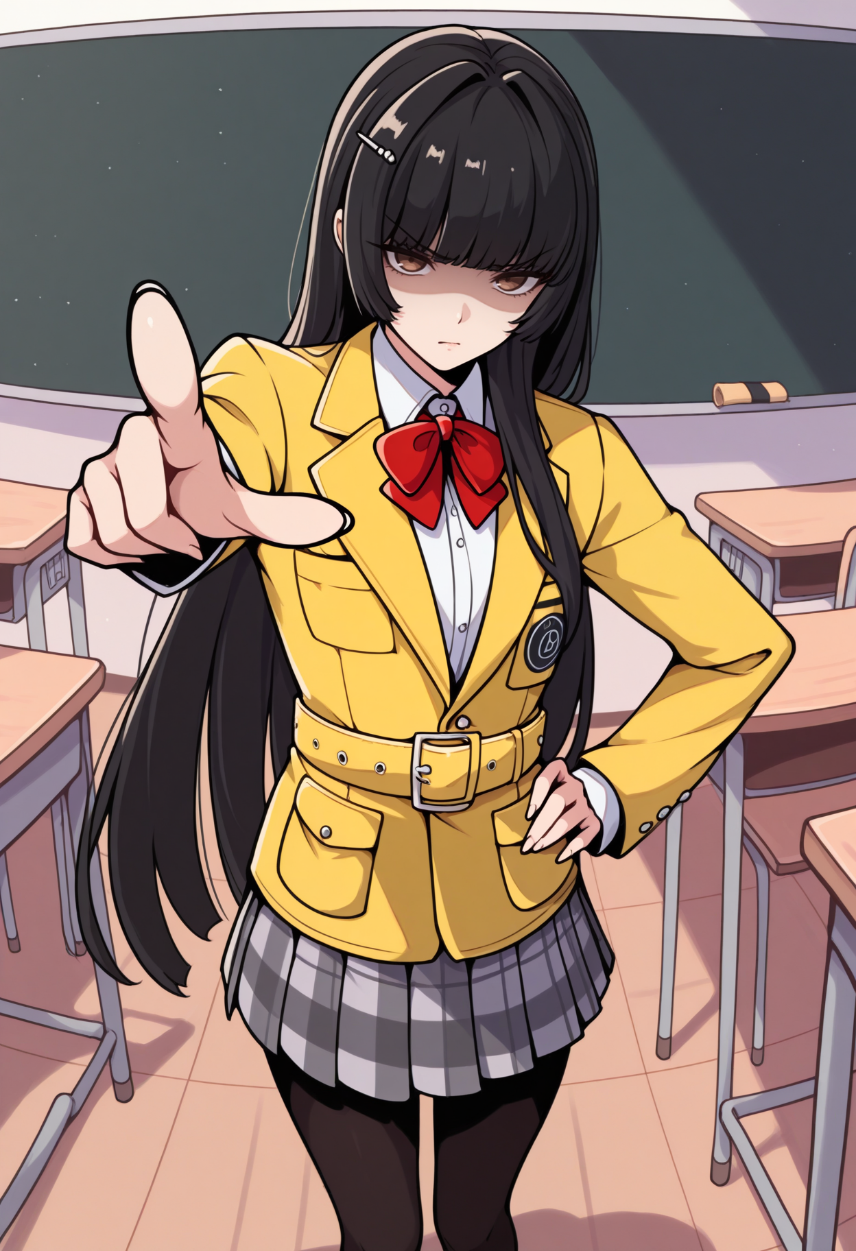 masterpiece, best quality, 1girl, solo, looking at viewer, pointing at viewer, shaded face, annoyed, foreshortening, hand on own hip, <lora:RikoTanemuraP5X-illu:1> rik0, black hair, hime cut, long hair, hairclip, brown eyes, hair over shoulder, school uniform, blazer, yellow jacket, red bowtie, collared shirt, white shirt, long sleeves, yellow belt, grey skirt, plaid skirt, pleated skirt, black pantyhose, classroom, desk