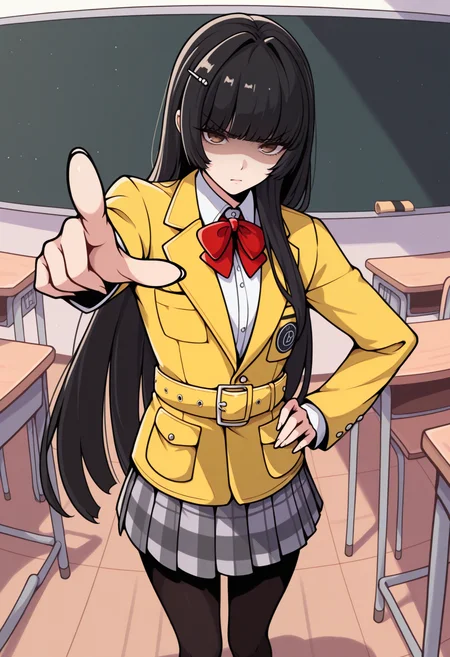 masterpiece, best quality, 1girl, solo, looking at viewer, pointing at viewer, shaded face, annoyed, foreshortening, hand on own hip, <lora:RikoTanemuraP5X-illu:1> rik0, black hair, hime cut, long hair, hairclip, brown eyes, hair over shoulder, school uniform, blazer, yellow jacket, red bowtie, collared shirt, white shirt, long sleeves, yellow belt, grey skirt, plaid skirt, pleated skirt, black pantyhose, classroom, desk